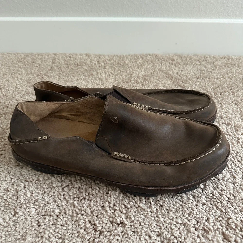 OluKai Moloa Slip On Loafer Mens 14 Brown Leather Casual Shoes 10128-6348